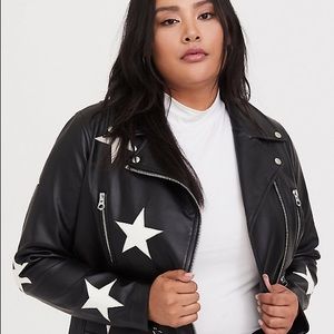 NWT Black Faux Leather & White Star Moto Jacket